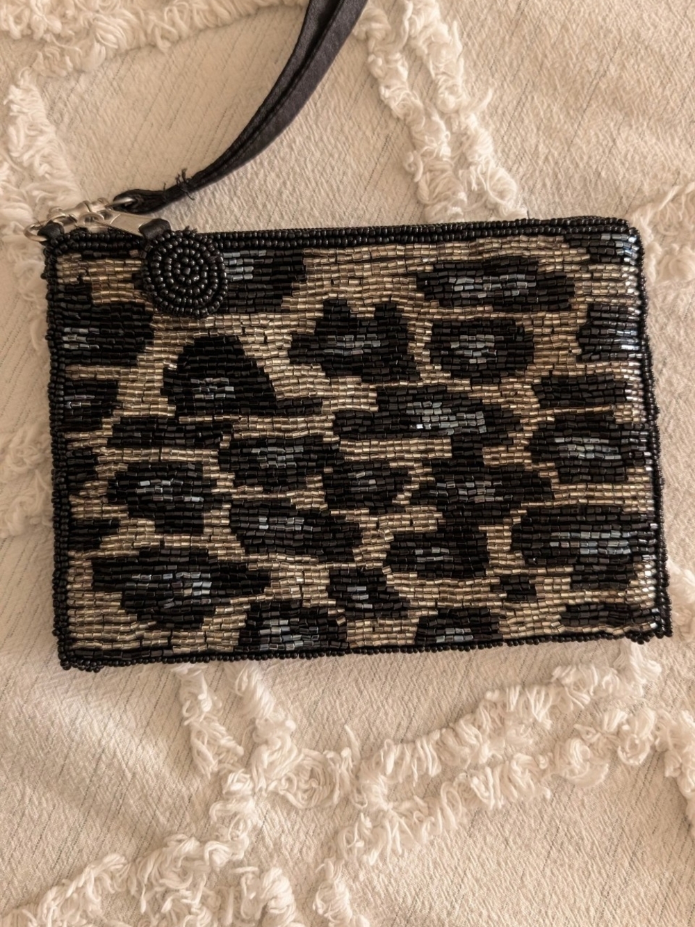 Beaded Leopard Print Wristlet Clutch in Black and Gold